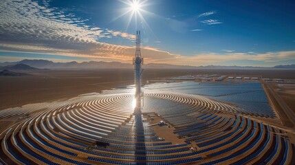 An aerial view of a large solar farm in a desert area, capturing the scale and impact of renewable energy installations