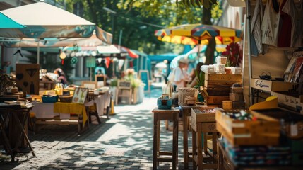 An outdoor market with vendors selling upcycled and handmade goods, highlighting sustainable consumer choices