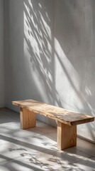 Wooden bench with natural light shadows on white background, minimalist interior design concept