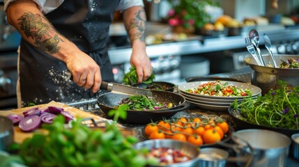 A professional chef preparing a meal with locally sourced ingredients in a zero-waste kitchen