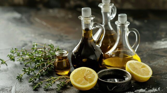 Ingredients for making salad dressing olive oil vinegar balsamic or soy sauce lemon thyme in glass and steel containers - Powered by Adobe