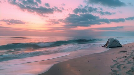 A tranquil beach campsite with a tent set up near the water's edge, waves gently lapping under a pastel sunset sky.
