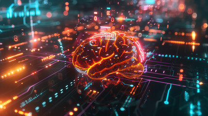 Obraz premium A machine learning background featuring a digital brain made of glowing circuits and data nodes. 