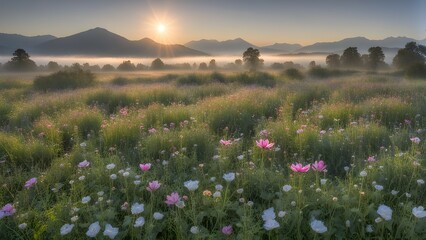 Fototapeta premium A field of flowers with a sun in the background