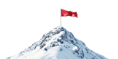 Red flag waving on the top of a snowy mountain peak, cut out