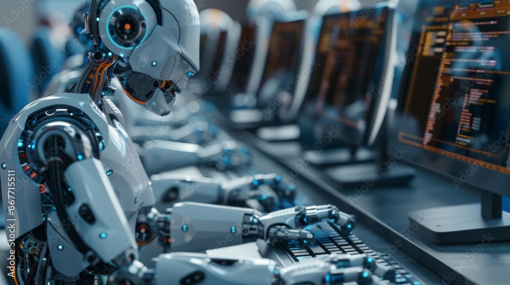 Poster A close-up shot of a robots hand typing on a computer keyboard, with other robots in the background
