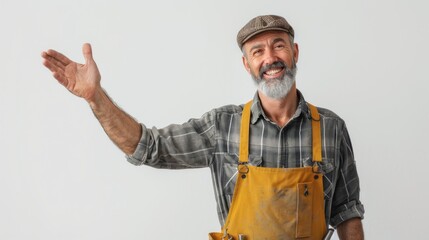 A cheerful, mature handyman in a yellow apron smiles warmly and gestures with his hand, inviting you in for a consultation