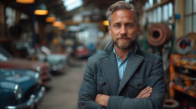 A well-dressed businessperson stands confidently with crossed arms in an automotive workshop, surrounded by the charm of retro automobiles, embodying a blend of elegance and industry.