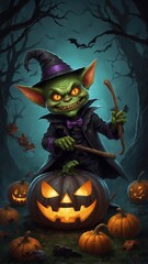 Fototapeta premium A green goblin is holding a pumpkin and a stick