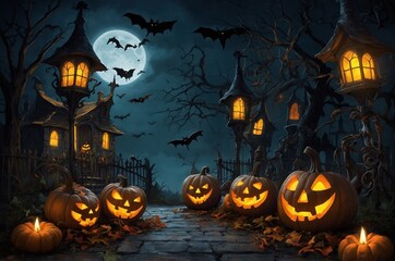 A Halloween scene with a group of pumpkins and bats flying in the background