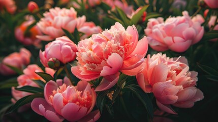 Fresh pink peony flowers in a garden Blooming peonies with space Close up of soft pink petals post rain Blooming fresh peonies