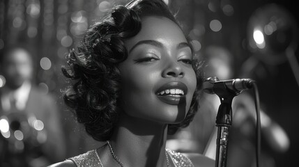 jazz singer in a restaurant. retro style, bw