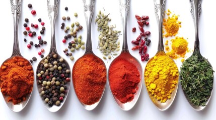 Vibrant spices in spoons against a white background