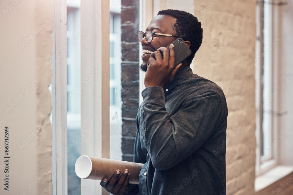 Poster happy, black man and phone call with blueprint in office for architecture, communication or feedback
