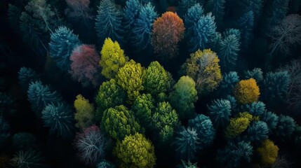 Obraz premium Aerial view of a forest with vibrant autumn foliage.