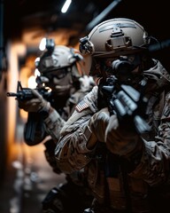 Two soldiers in tactical gear with rifles in a dark hallway.