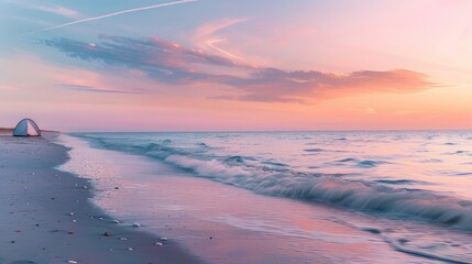 A tranquil beach campsite with a tent set up near the water's edge, waves gently lapping under a pastel sunset sky.