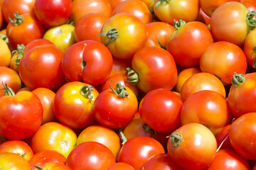 Close up on pile of fresh ripe small tomatoes for sale at Farmers Market. View from above.