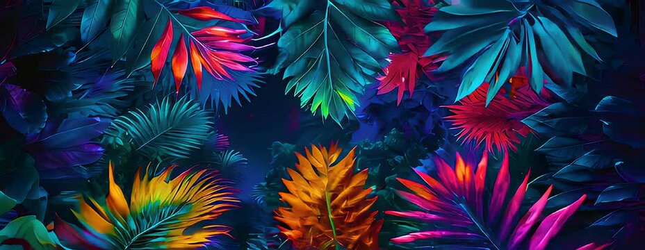 Top view of vibrant neon tropical leaves in hues of pink, blue, and orange, with a dark sky background and a prominent copy space area in the center for text or logos.