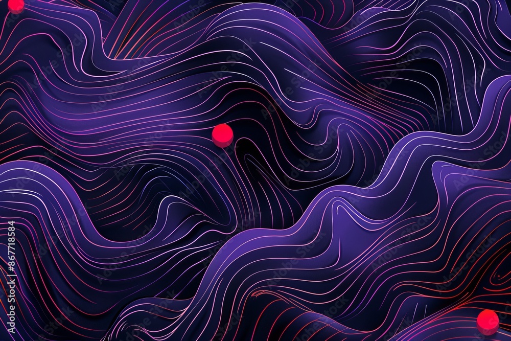 Wall mural An abstract image featuring dark purple waves accented with red lines and dots, evoking a mysterious and enigmatic atmosphere.