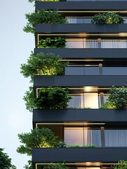 Fototapeta premium Modern apartment building with green balconies and night lighting.