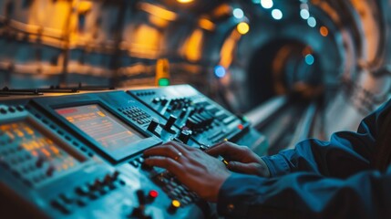 A close-up of a hand working on a control panel with a blurred tunnel network in the background