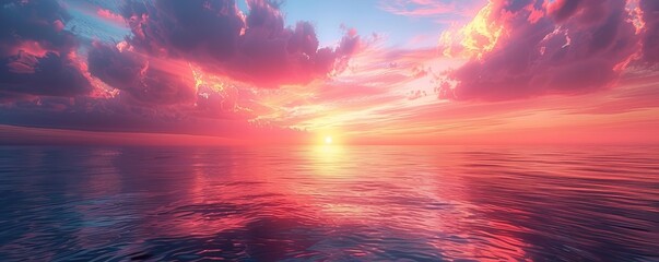 A tranquil sunset over a calm ocean, the sky ablaze with hues of orange, pink, and purple.