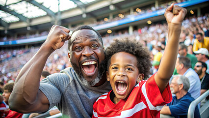 father and child cheer for their favorite team at a sports match, football, competition, stadium, arena, emotion, joy, victory, goal, father's day, parent, son, cry, family, win, game, soccer