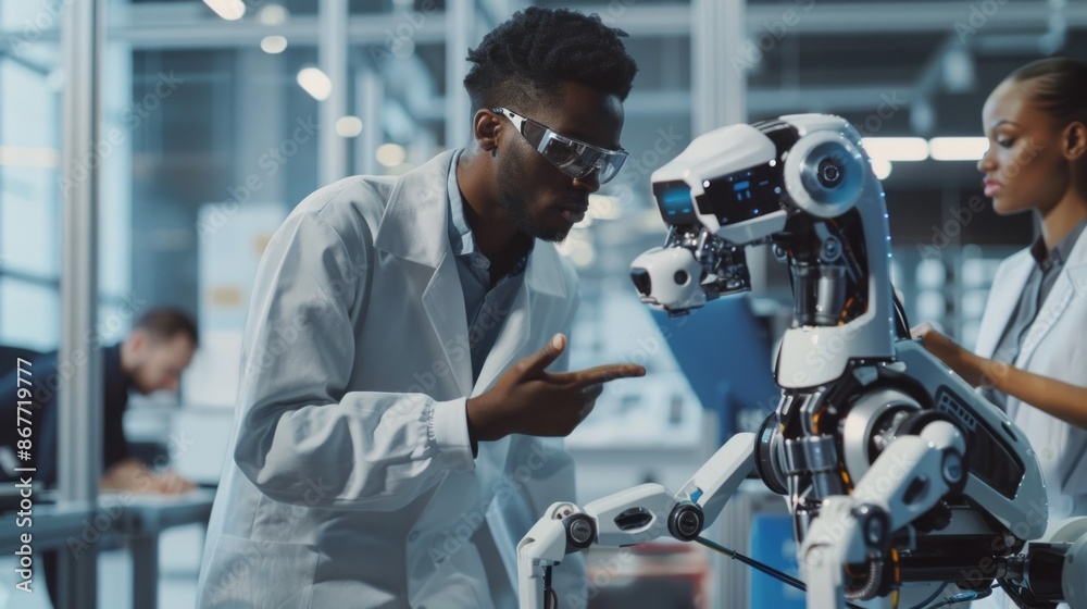 Poster A robotics engineer, clad in a white lab coat, intently instructs a robotic arm, while a colleague observes