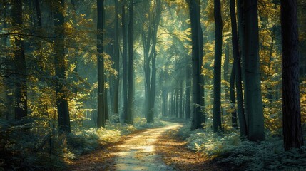 Obraz premium A tranquil forest with a winding path leading through tall trees, with sunlight filtering through the leaves.