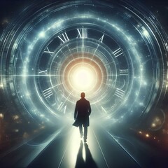 a silhouette of a man walking to the light. time travel concept art. large glowing clock.