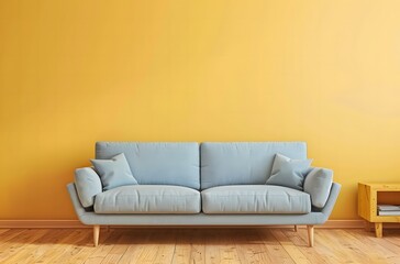 Minimalist living room with a pastel blue sofa and wooden sideboard against a yellow wall