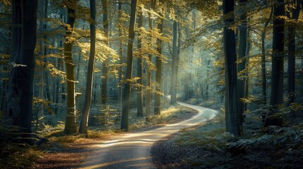 Naklejka premium A tranquil forest with a winding path leading through tall trees, with sunlight filtering through the leaves.