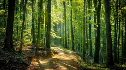Naklejka premium A tranquil forest with a winding path leading through tall trees, with sunlight filtering through the leaves.