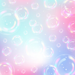 Pastel rainbow gradient background with soap bubbles. Square template for social media post.Vector stock illustration.