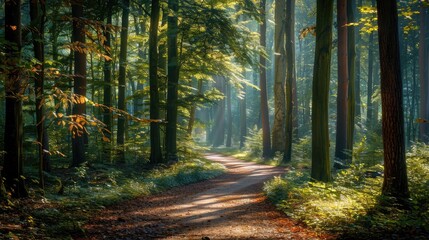 A tranquil forest with a winding path leading through tall trees, with sunlight filtering through the leaves.
