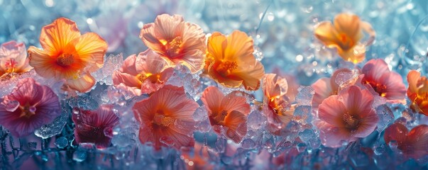 abstract colorful art background with summer flowers frozen in ice