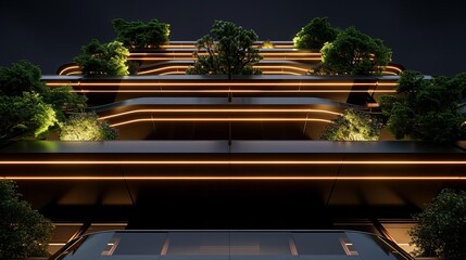 Fototapeta premium Modern architecture with glowing lights and green plants.