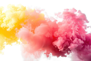 Fototapeta premium Pink and yellow dynamic dual color smoke bomb explosion. Neon colored clouds on transparent background.