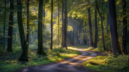 Obraz premium A tranquil forest with a winding path leading through tall trees, with sunlight filtering through the leaves.