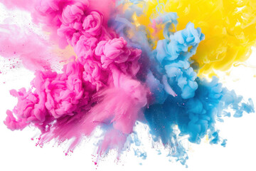 Fototapeta premium Pink, yellow and blue smoke bomb explosion. Neon color burst. Dynamic colored clouds on transparent background.
