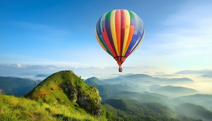 Fototapeta premium A lone hot air balloon floating high above the mountains during sunset