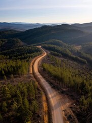Naklejka premium Highaltitude view of a forest road with scattered wildlife trails visible, depicting natural habitats