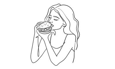 Girl eating burger and enjoys continuous line art drawing isolated on white background. Vector illustration	