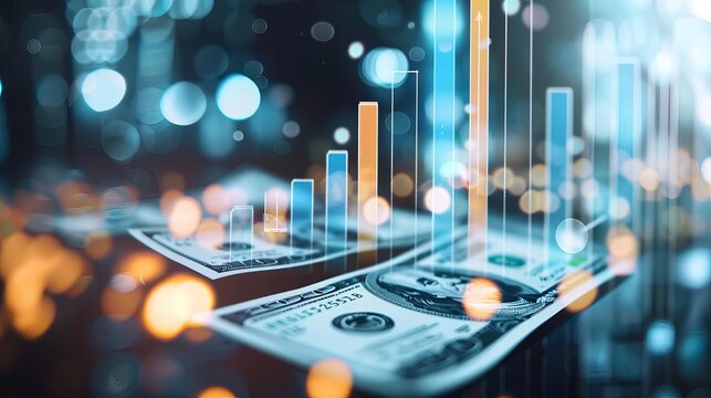 Illustration of dollar bills rising with bar graphs, depicting economic growth and dollar rate increase