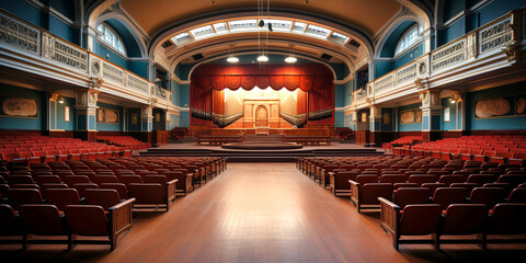 Obraz premium Empty, grand auditorium with red seats and a large stage featuring ornate architectural details and a curtain backdrop.
