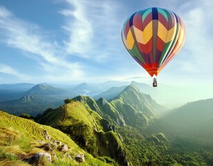 Naklejka premium one hot air balloons are flying in the sky above a mountain range