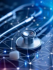 Stethoscope on a digital network background representing healthcare technology.