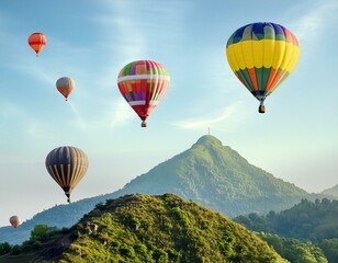 Obraz premium long shot of multi-colored hot air balloons floating above the mountains
