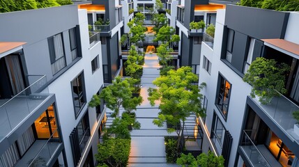 Low angle view of a modern apartment building with balconies and a tree in the foreground.